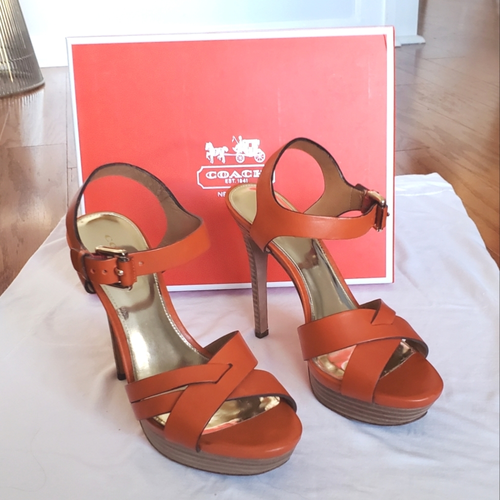 EUC Coach Orange Platform High Heels Shoes Sz 7 w/ Strappy Ankle Buckle with Box